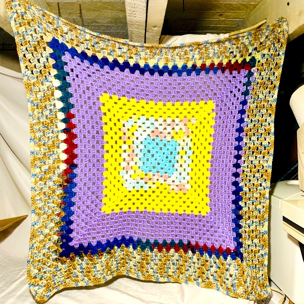 Handmade crochet multi coloured 32x32” blanket